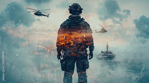 Soldier silhouette with a city on fire and helicopters flying above, symbolizing a rescue mission in crisis photo