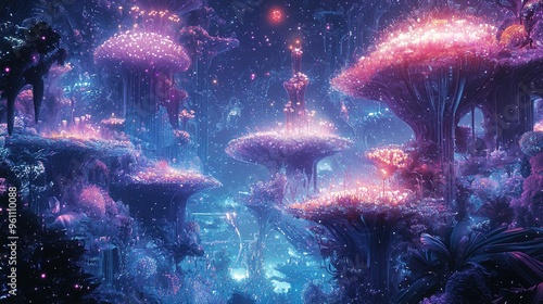 A mesmerizing fantasy landscape filled with ethereal, luminescent plants and mushroom-like structures. The scene is bathed in rich shades of blue and purple, with glowing pink and white light emanatin photo