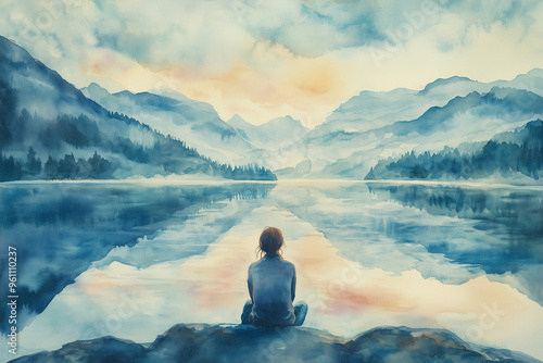 A watercolor painting of a person sitting by a peaceful lake, reflecting on their future path.
