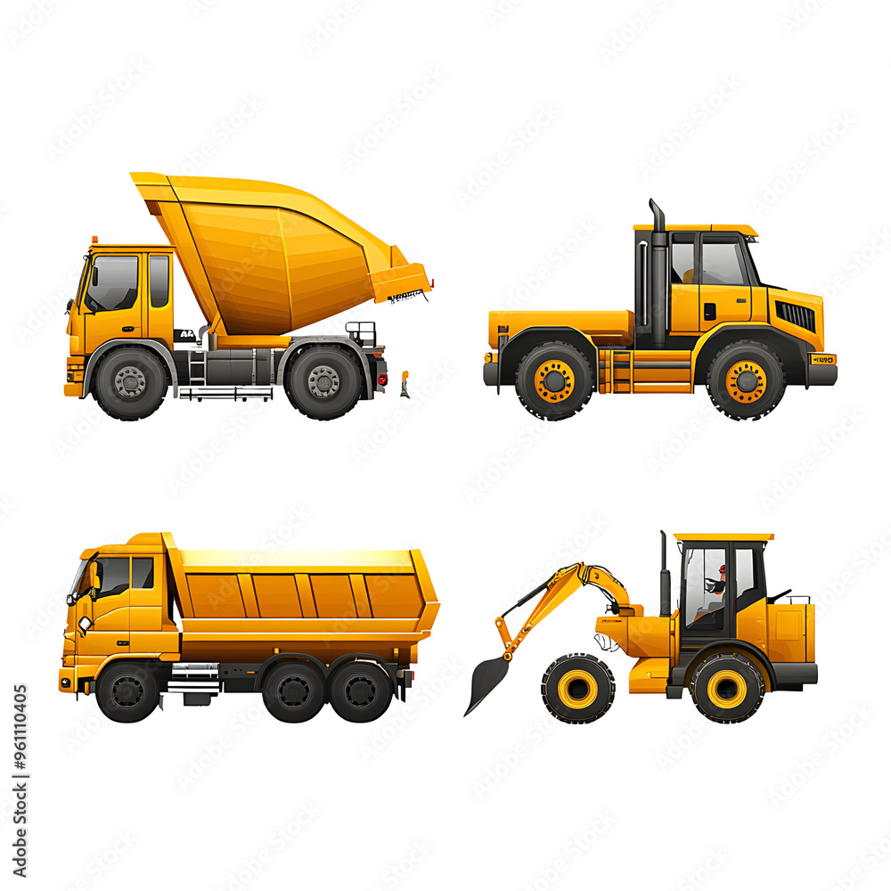 Collection of construction vehicles including dump trucks, excavator, and loader in yellow. Heavy machinery for construction projects. Collection of construction vehicles including dump trucks, excavator, and loader in yellow. Heavy machinery for construction projects.