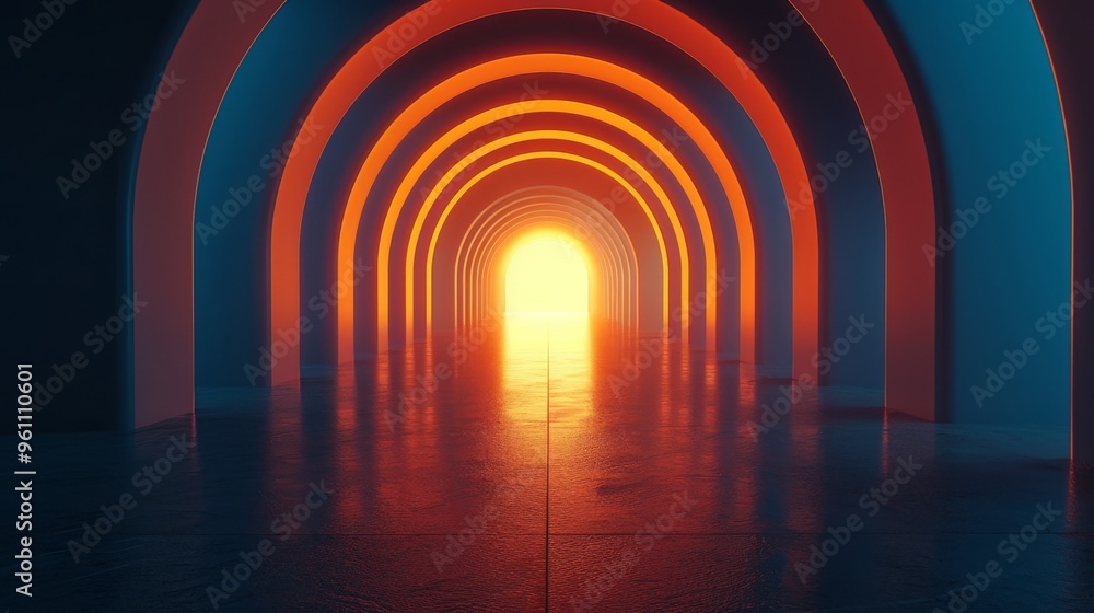 A striking futuristic tunnel featuring a sequence of glowing orange and blue arches that lead to a bright, warm light. The intense contrast between light and shadow creates a dynamic and visually A striking futuristic tunnel featuring a sequence of glowing orange and blue arches that lead to a bright, warm light. The intense contrast between light and shadow creates a dynamic and visually