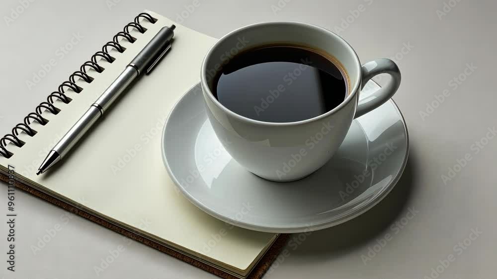 Enjoying a fresh cup of coffee next to a blank notebook and a pen in a cozy setting Enjoying a fresh cup of coffee next to a blank notebook and a pen in a cozy setting