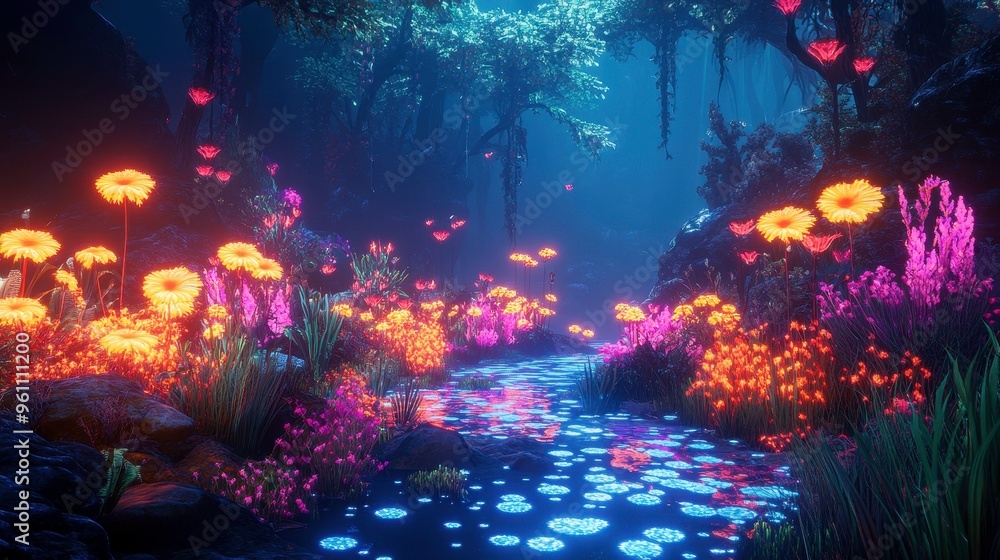 Fototapeta premium AI-Driven 3D Cartoon Adventure through a digital jungle, glowing flora, and dynamic wildlife