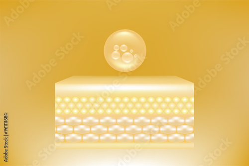 Hyaluronic acid and Niacinamide hair and skin solutions ad, gold collagen serum drop with cosmetic advertising background ready to use, illustration vector.