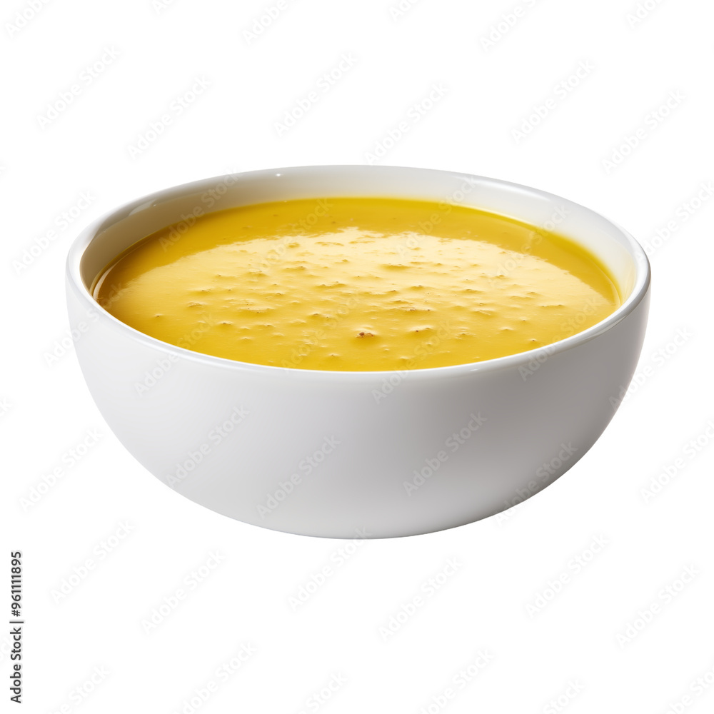 Creamy yellow soup in a white bowl, perfect for winter meals Creamy yellow soup in a white bowl, perfect for winter meals