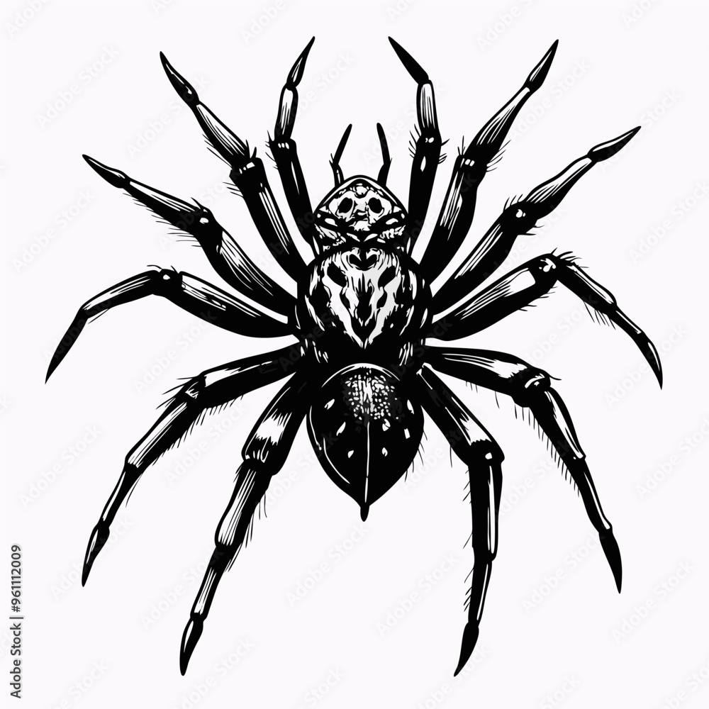 Detailed Black and White Illustration of a Spider with Eight Legs and Intricate Patterns Detailed Black and White Illustration of a Spider with Eight Legs and Intricate Patterns