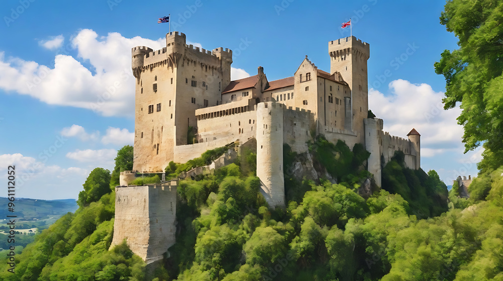 A historic castle perched on a hill with medieval architecture, surrounded by lush green gardens and a clear blue sky. Perfect for showcasing historical landmarks, architecture, and scenic beauty A historic castle perched on a hill with medieval architecture, surrounded by lush green gardens and a clear blue sky. Perfect for showcasing historical landmarks, architecture, and scenic beauty