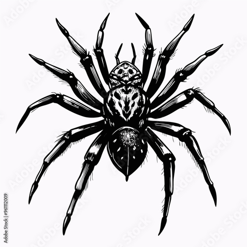 Detailed Black and White Illustration of a Spider with Eight Legs and Intricate Patterns