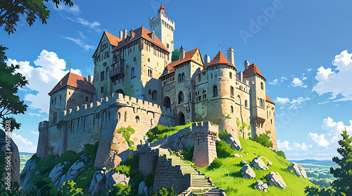 Wallpaper Mural A historic castle perched on a hill with medieval architecture, surrounded by lush green gardens and a clear blue sky. Perfect for showcasing historical landmarks, architecture, and scenic beauty Torontodigital.ca