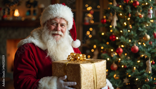 Santa Claus in a red and white costume, smiling and presenting a Christmas gift on Christmas Eve. photo