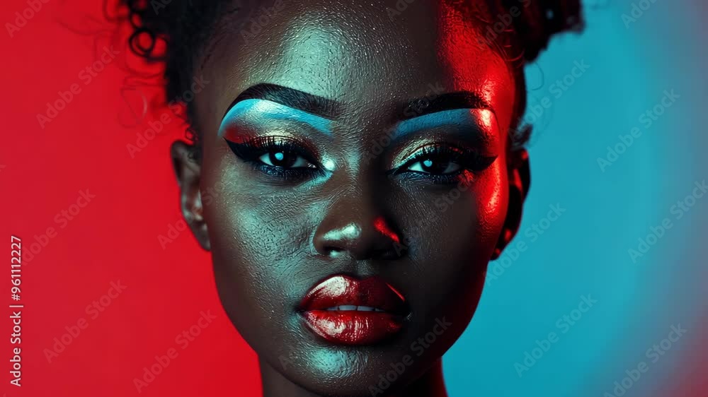 Stunning beauty portrait with vibrant makeup and dramatic lighting captured in a creative studio setting at dusk Stunning beauty portrait with vibrant makeup and dramatic lighting captured in a creative studio setting at dusk