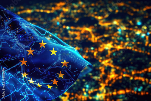 European Union Flag Above a City, vibrant stars on a flag intertwine with glowing urban lights, symbolizing unity and progress in a digital age. photo