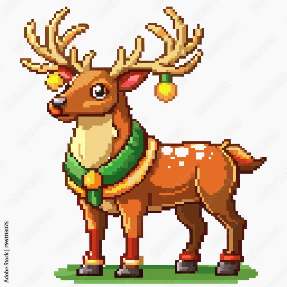 Fototapeta premium Festive Pixel Art Reindeer with Christmas Decorations in Retro Style