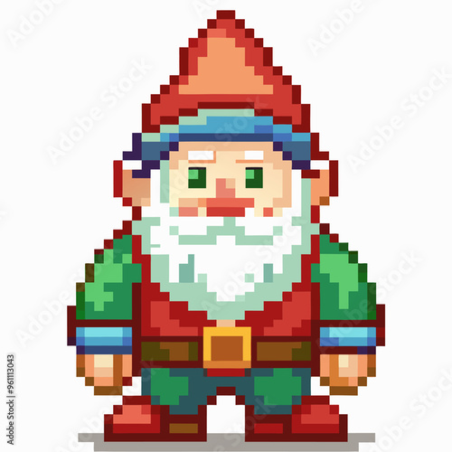 Pixel Art Gnome in Colorful Outfit   Retro Gaming Character Design with Beard and Hat