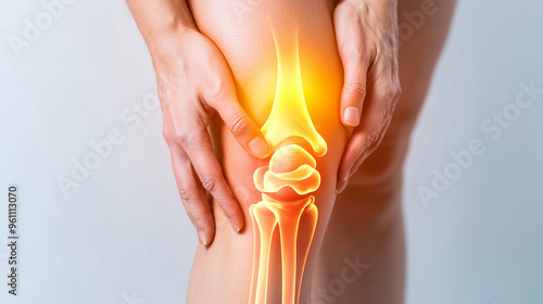 Person holding knee in pain with glowing joint, symbolizing inflammation or knee injury photo