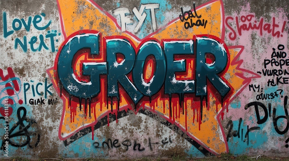 Fototapeta premium Colorful graffiti wall with bold text and vibrant urban messages