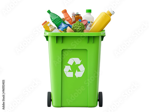 Recycling bin filled with various bottles and food waste for waste management