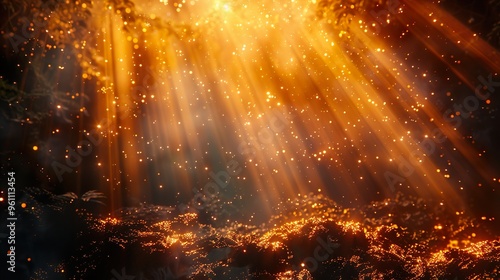 Wallpaper Mural Golden light rays shine through a dark forest canopy, illuminating the ground with a magical glow. Torontodigital.ca