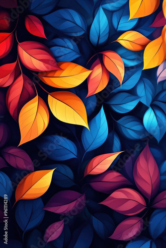 Vibrant foliage tapestry, a mix of fiery reds, bright oranges, and deep blues, showcasing autumns rich palette against a dark, contrasting background.