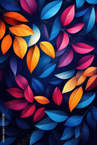 Vibrant autumn foliage, a stunning arrangement of colorful leaves in hues of orange, pink, and blue against a deep dark background, evoking a sense of seasonal change.