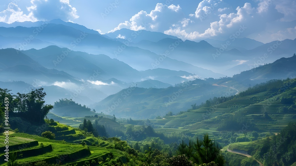 Fototapeta premium Misty Mountain Landscape with Rice Terraces