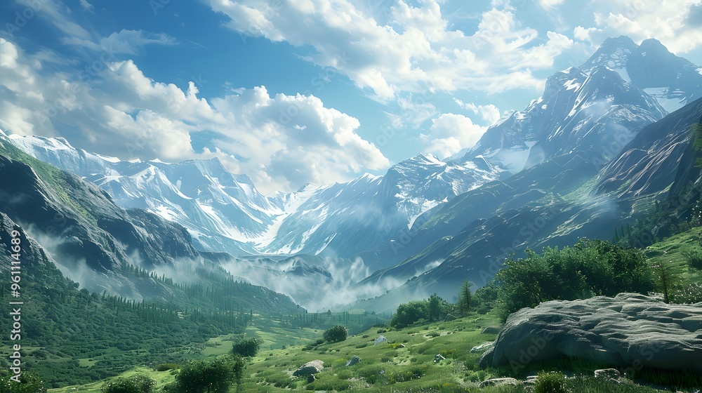 Majestic Mountain Range with Snow-capped Peaks and Lush Valley Majestic Mountain Range with Snow-capped Peaks and Lush Valley