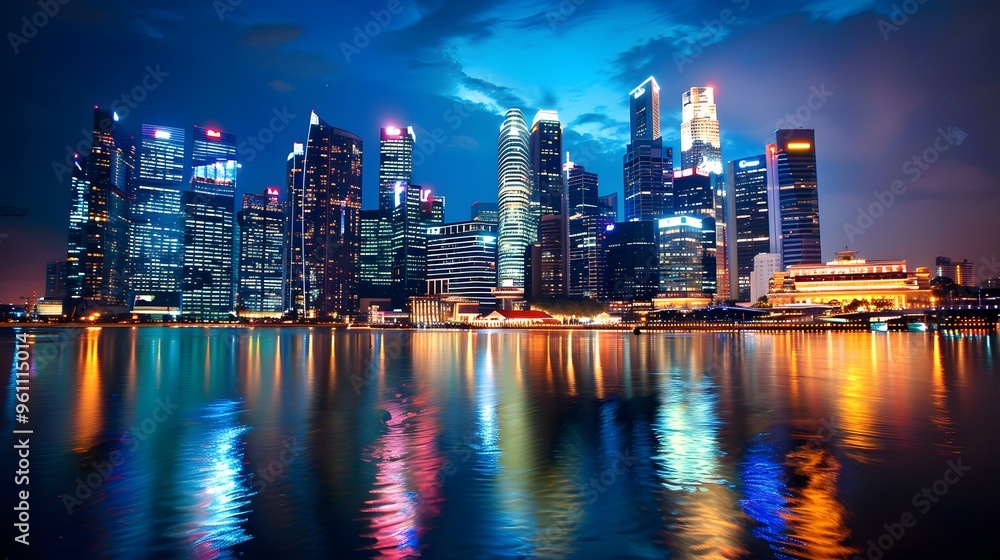 Nighttime cityscape of Singapore with reflections in water Nighttime cityscape of Singapore with reflections in water