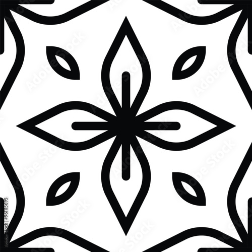 Vector monochrome seamless pattern. Abstract floral geometric ornament. Black and white background with flower silhouettes, curved lines, hexagonal grid, lattice. Simple repeated decorative geo design