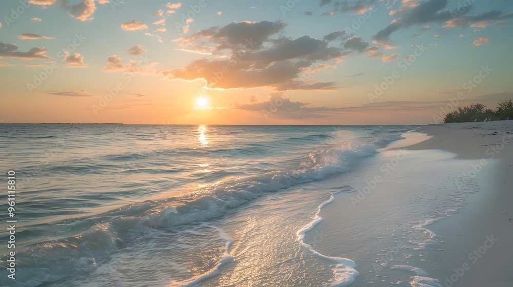 Tranquil Sunset Over a Sandy Beach with Gentle Waves Tranquil Sunset Over a Sandy Beach with Gentle Waves