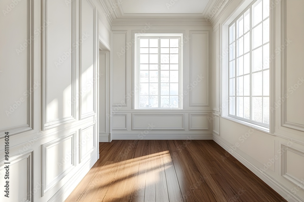 Fototapeta premium Elegant Minimalist White Wainscoting Wall with Wooden Floor Interior Design