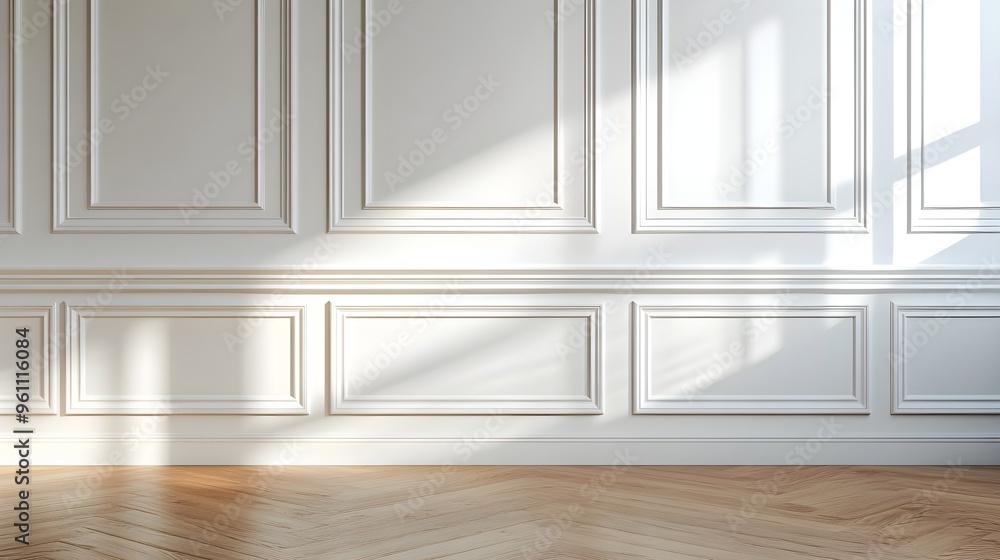 Fototapeta premium Elegant Minimalist White Wainscoting Wall with Wooden Floor Interior Design