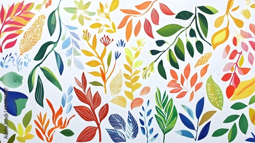 Explore vibrant leaf and flower patterns in a white backdrop, reminiscent of Matisses whimsical paper cuts. Natures art unfolds 