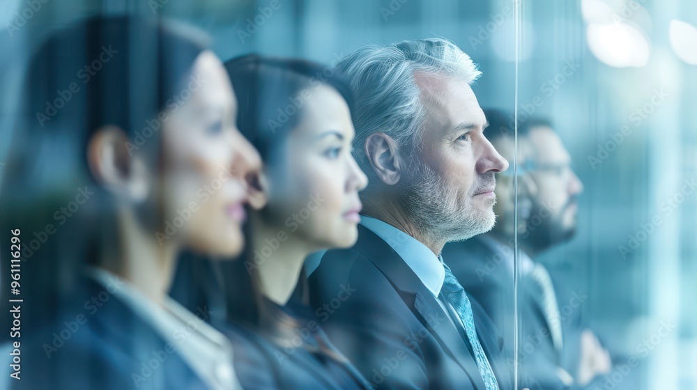 A group of professionals in business attire engaged in thoughtful discussion or contemplation. A group of professionals in business attire engaged in thoughtful discussion or contemplation.
