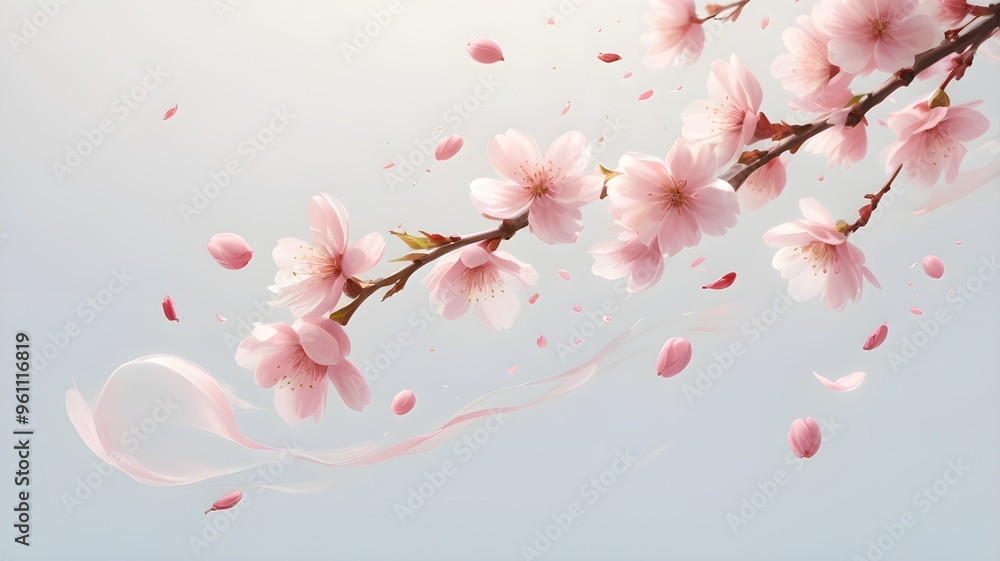 Pink Cherry Blossoms Falling on Light Blue Background Pink Cherry Blossoms Falling on Light Blue Background