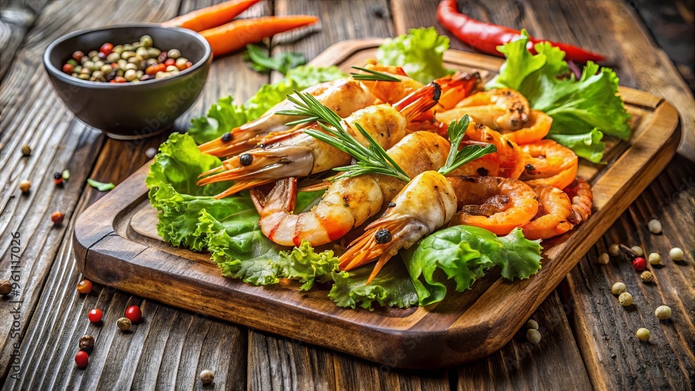 Grilled shrimp with fresh lettuce and carrots served on a rustic wooden board Grilled shrimp with fresh lettuce and carrots served on a rustic wooden board