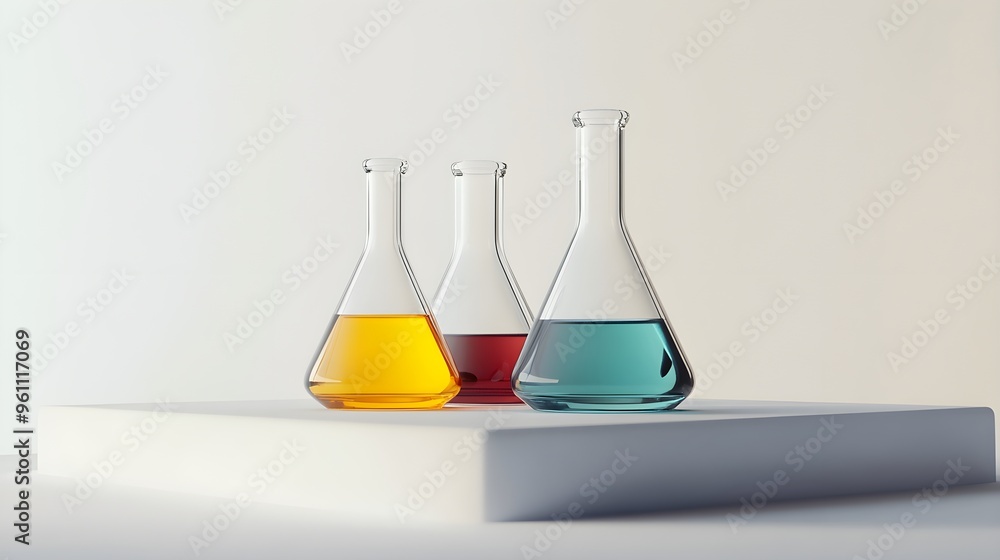 Glass Flasks With Colored Liquids on a White Platform Glass Flasks With Colored Liquids on a White Platform