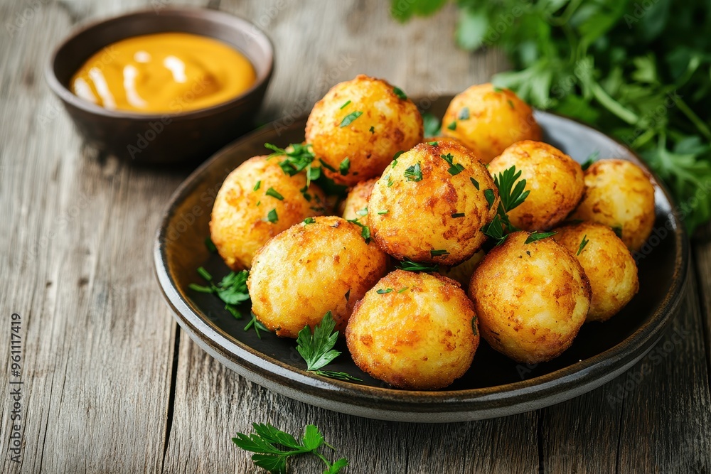 A plate of golden, crispy potato balls garnished with herbs and served with mustard dip. A plate of golden, crispy potato balls garnished with herbs and served with mustard dip.