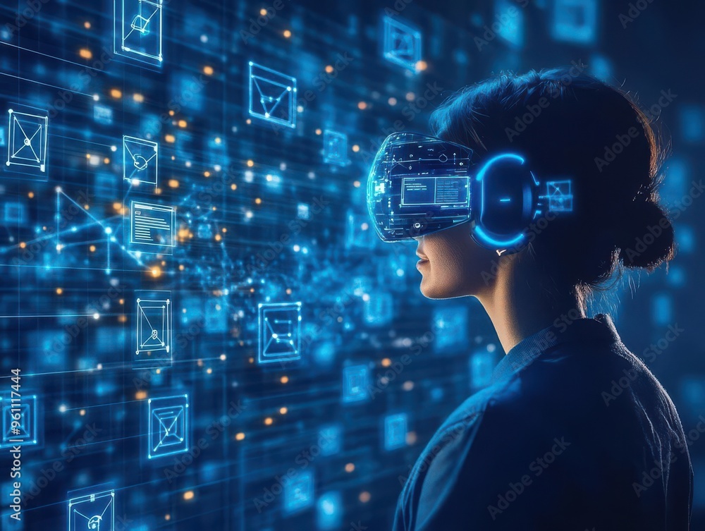 Woman wearing VR headset, immersed in a digital world of data and icons. Woman wearing VR headset, immersed in a digital world of data and icons.
