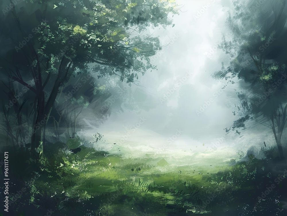 A misty forest clearing with sunlight streaming through the canopy. A misty forest clearing with sunlight streaming through the canopy.