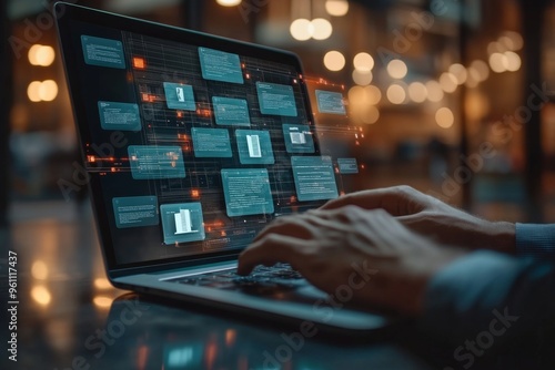 Digital documents, law, and climate data management concept with a businessman working on a laptop computer using an online document storage system in the office, double exposure photography, studio s photo