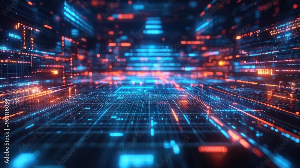 Abstract digital data flow with glowing blue and orange lines in a futuristic cyberspace. Abstract digital data flow with glowing blue and orange lines in a futuristic cyberspace.