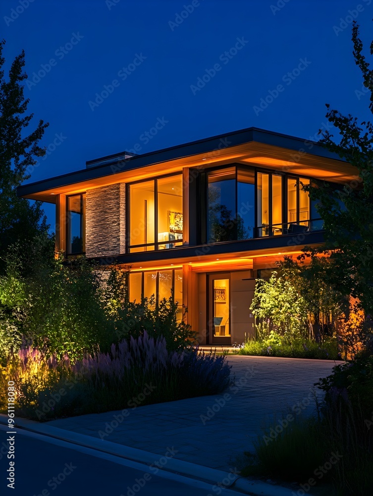 Fototapeta premium Illuminated modern home showcase exterior at night