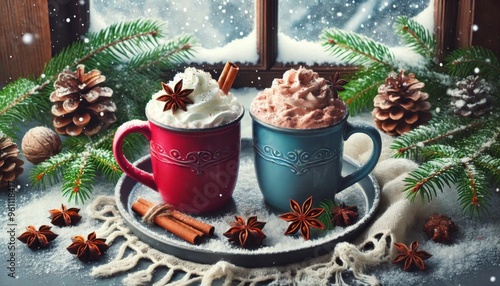 Wallpaper Mural Two hot chocolate mugs, whipped cream, cinnamon sticks, and holiday spices by a snowy window. Cozy Christmas set up for winter celebrations. Torontodigital.ca