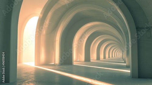 A beautifully minimalistic architectural interior, showcasing endless arches with warm sunlight casting intricate shadows on smooth surfaces. The design's simplicity and light evoke a peaceful, almost