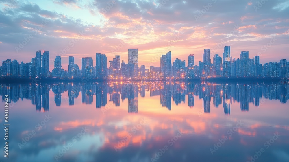 City skyline reflected in calm water at sunset. City skyline reflected in calm water at sunset.