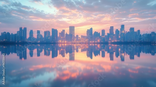 City skyline reflected in calm water at sunset.