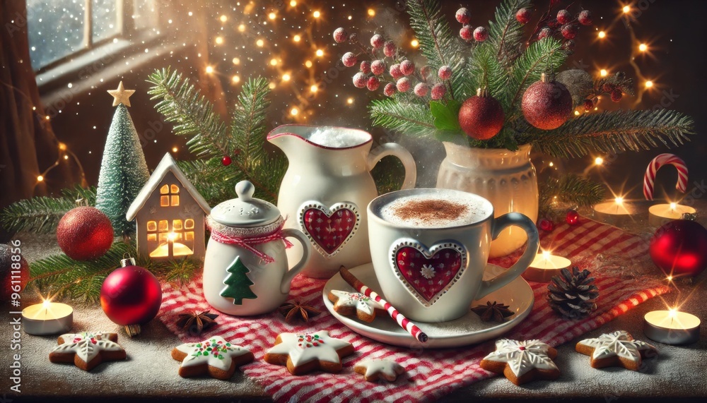Cozy Christmas setup with hot chocolate, gingerbread cookies, festive decorations, and holiday-themed mugs. Cozy Christmas setup with hot chocolate, gingerbread cookies, festive decorations, and holiday-themed mugs.