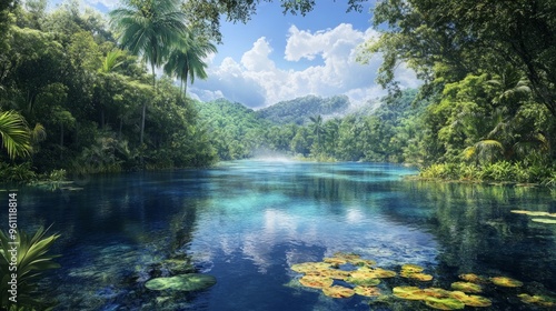 Serene Tropical Lagoon Surrounded by Lush Greenery
