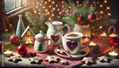 Wallpaper Mural Cozy Christmas setup with hot chocolate, gingerbread cookies, festive decorations, and holiday-themed mugs. Torontodigital.ca