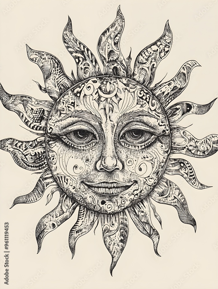 Intricate sun face illustration Intricate sun face illustration